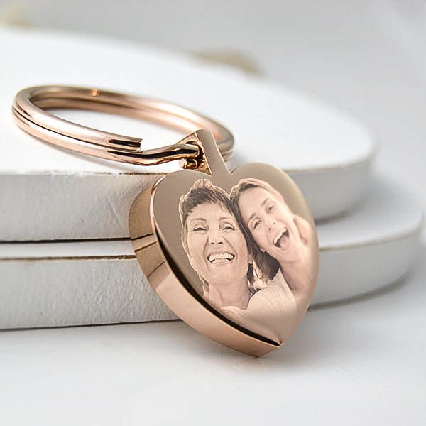 Rose Gold Heart Keychain – Personalised Photo Engraved Keepsake with Velvet Pouch