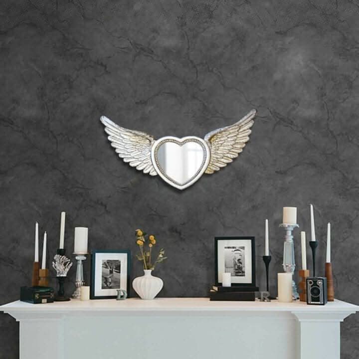 Large Silver Heart Angel Wings Wall Mirror & Photo Frame 64cm