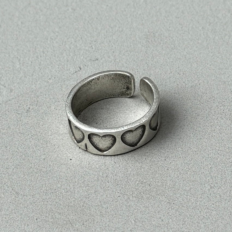 Stamped Hearts Silver Band Ring