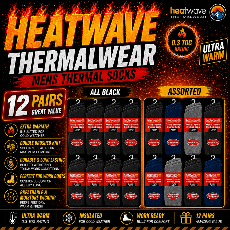 12 Pairs Mens Black Thermal Socks Warm Work Boot Socks Superior Insulation Cold Weather Double Brushed Advanced Knitting Technology Extra Warmth by Heatwave Thermalwear
