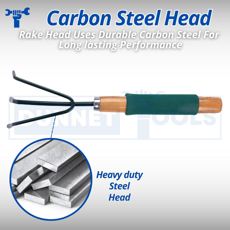 Small Hand Garden Rake with Carbon Steel Head & Wooden Handle for Weeding