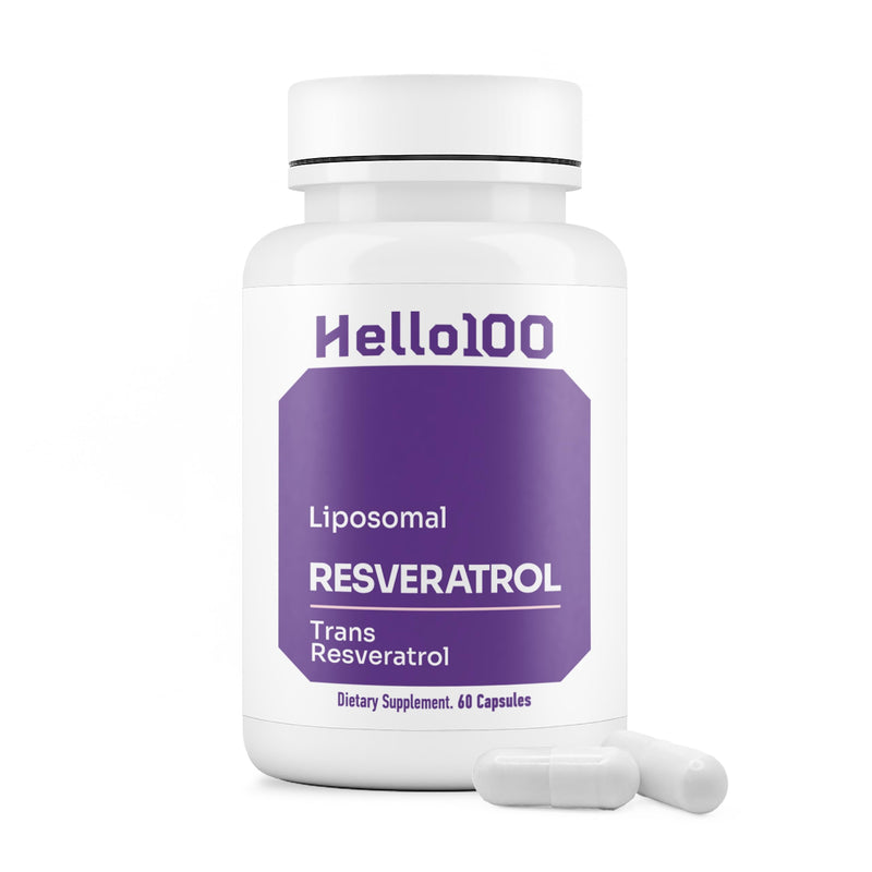 HELLO100 High Purity Liposomal Trans-Resveratrol Supplement - 250mg Capsule, 60 Vegan Capsules | 98% Purity