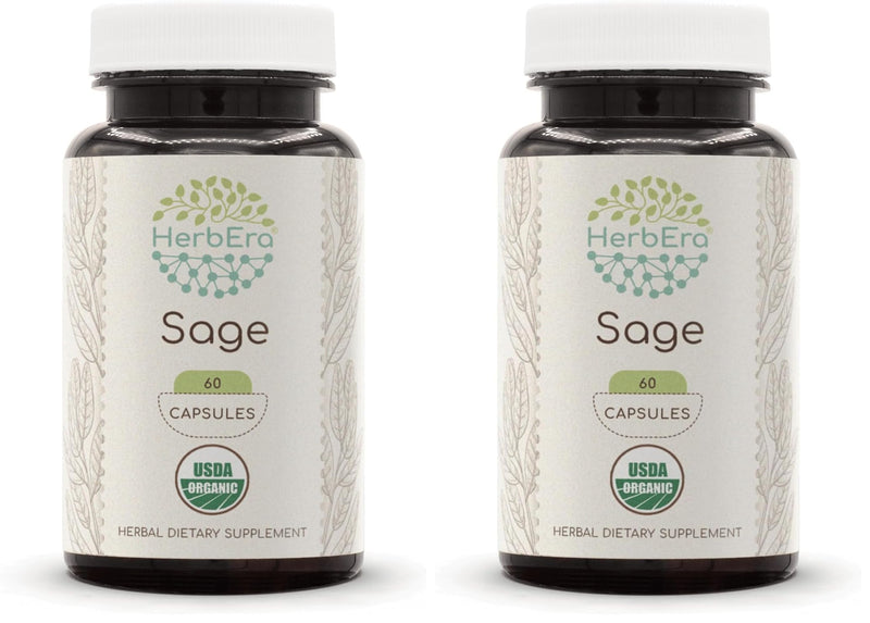 HerbEra Sage USDA Organic 60 Capsules | Natural Herbal Supplement | Certified Organic Sage (Salvia officinalis) Dried Leaf – Pack of 2