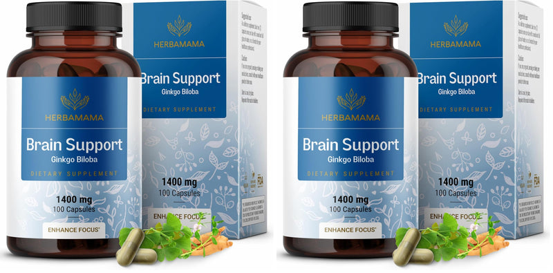 HERBAMAMA Brain Support Capsules – 1400mg Focus Supplement with Bacopa, Ginseng & Ginkgo | Vegan, Non-GMO, 100 Caps (Pack of 2)