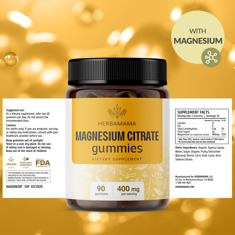 HERBAMAMA Calm Magnesium Gummies - 400mg Magnesium Citrate, Vegan & Non-GMO