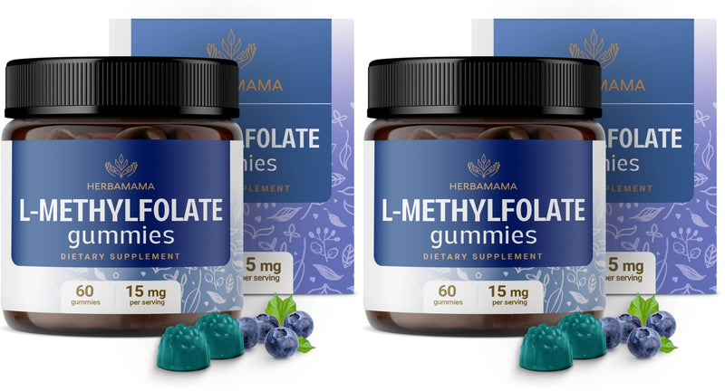 Herbamama L-Methylfolate Gummies 15mg - Calming Brain Support, Vegan & Non-GMO | 60 Blueberry Chews (Pack of 2)