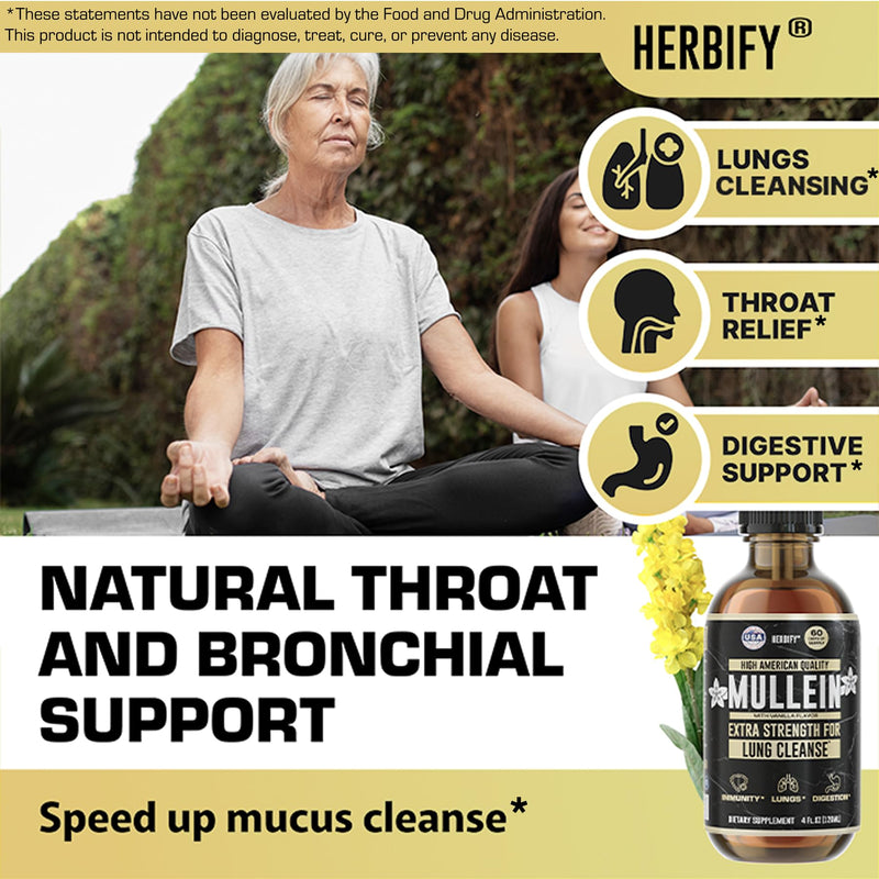 HERBIFY Mullein Drops – Lung Cleansing, Respiratory Support, Vanilla Flavor | Made in USA | 4 oz