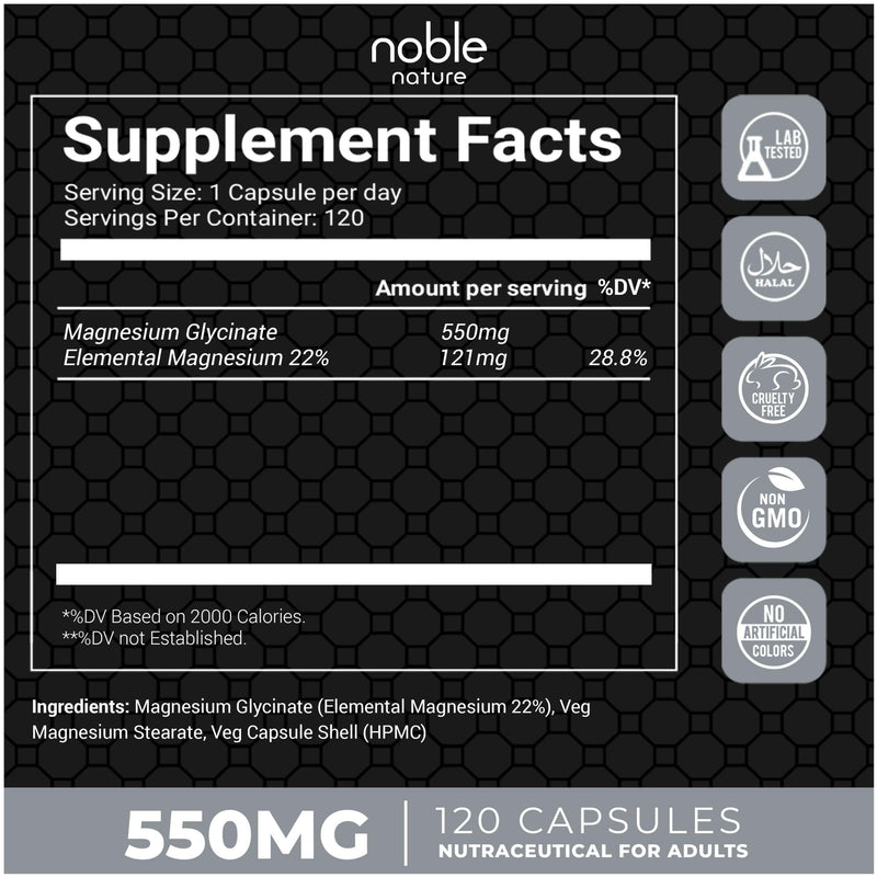 High Absorption Magnesium Glycinate 550mg - 120 Veg Capsules - 4 Months Supply