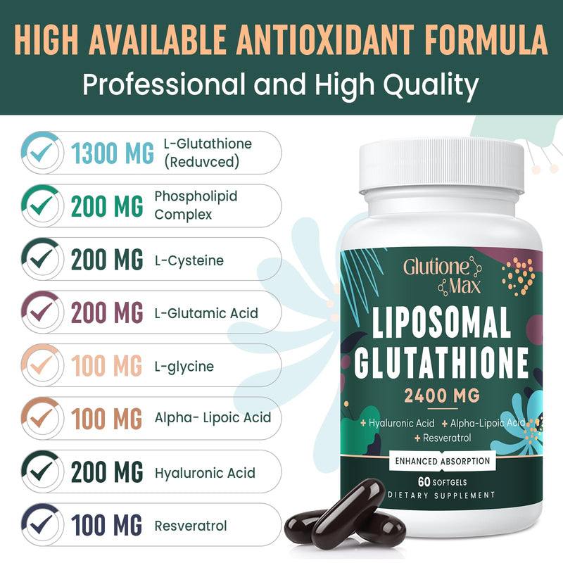 8-in-1 Liposomal Glutathione 2400 MG – High-Absorption Antioxidant Formula (120 Softgels) with Hyaluronic Acid, Alpha-Lipoic Acid & Resveratrol