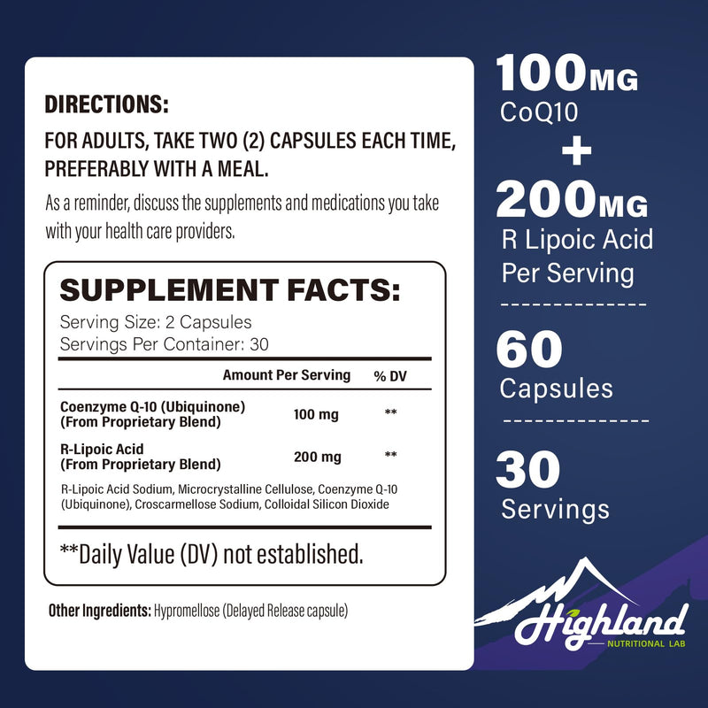 CoQ10 100mg + R-Lipoic Acid 200mg – Highland Nutritional Lab, 180 Capsules