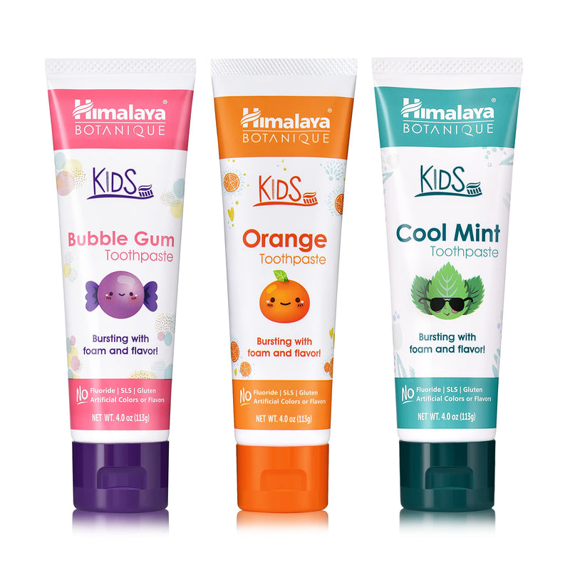 Himalaya Botanique Kids Toothpaste with Xylitol - Variety Pack (Bubble Gum, Orange & Cool Mint) Fluoride Free, Vegan, Gluten Free | 4 oz Pack of 3