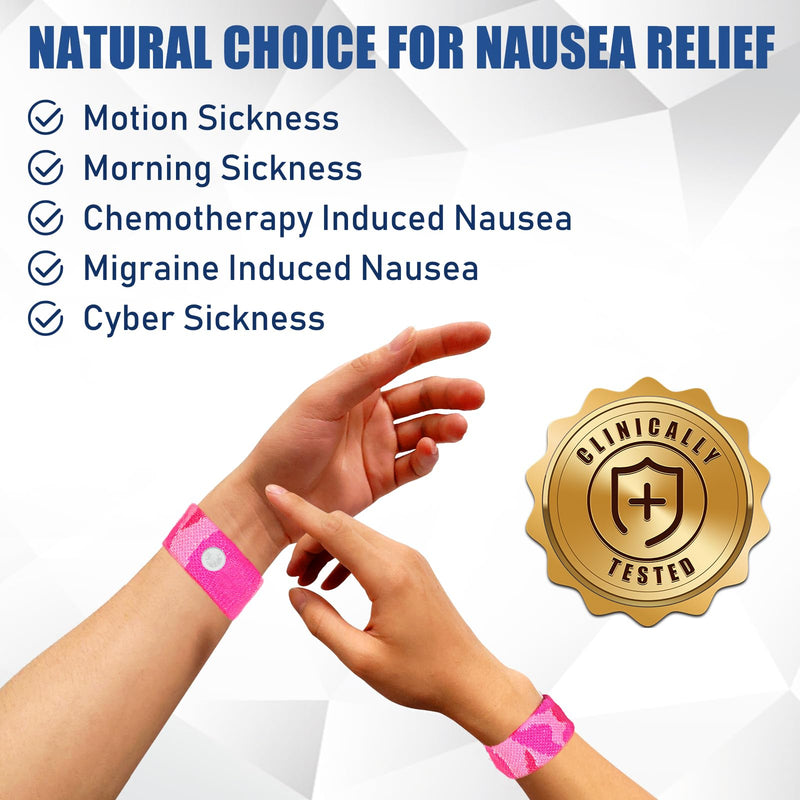 Hionfurt Motion Sickness Bands — Travel Nausea Relief Wristbands (Camo Pink)