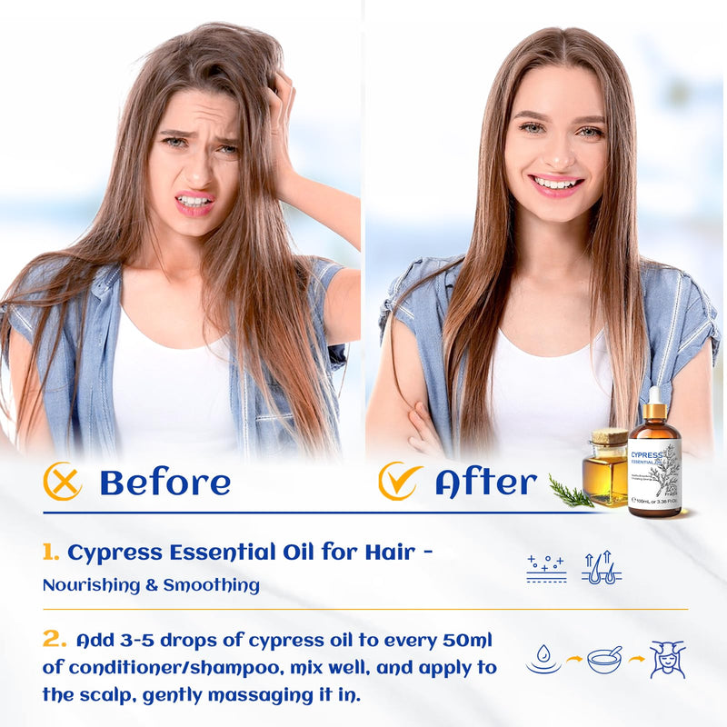 HIQILI Cypress Essential Oil - 100ml Pure Cypress for Diffuser & Skin Care (Includes 10ml Travel Bottle)