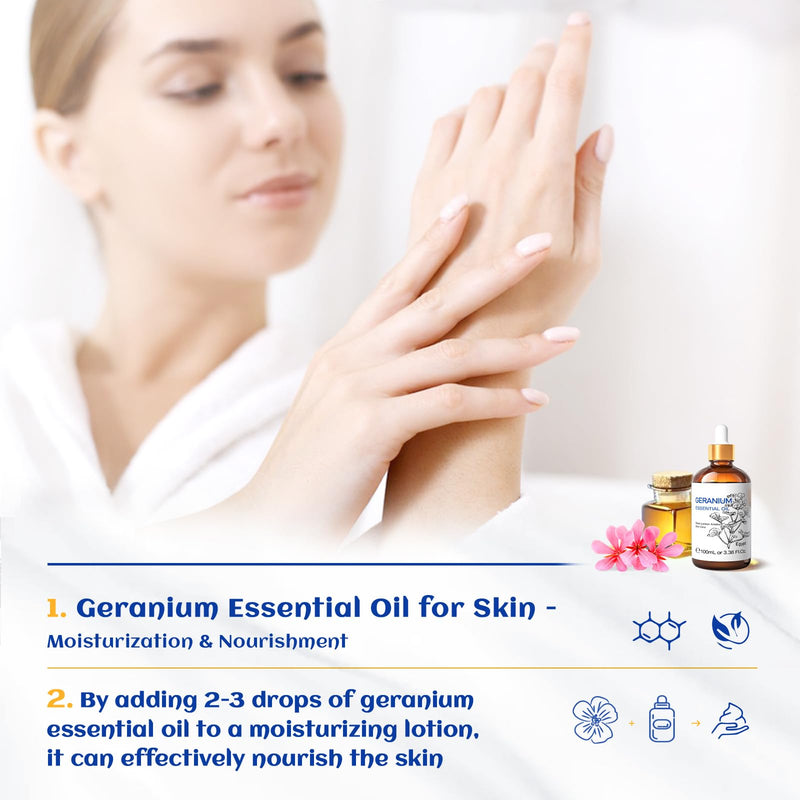 HIQILI 100ML Geranium Essential Oil – Pure & Natural for Skin, Diffuser & Candle | 3.38 Fl Oz