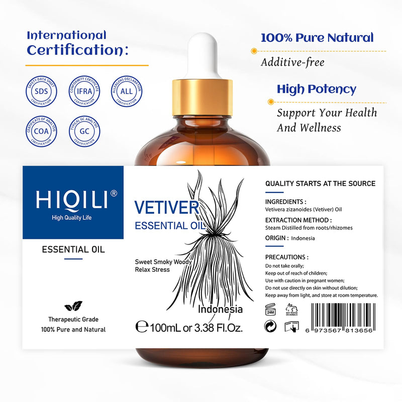 HIQILI Vetiver Essential Oil 100ml – 100% Pure, Natural, Calm & Diffuser (3.38 Fl Oz)