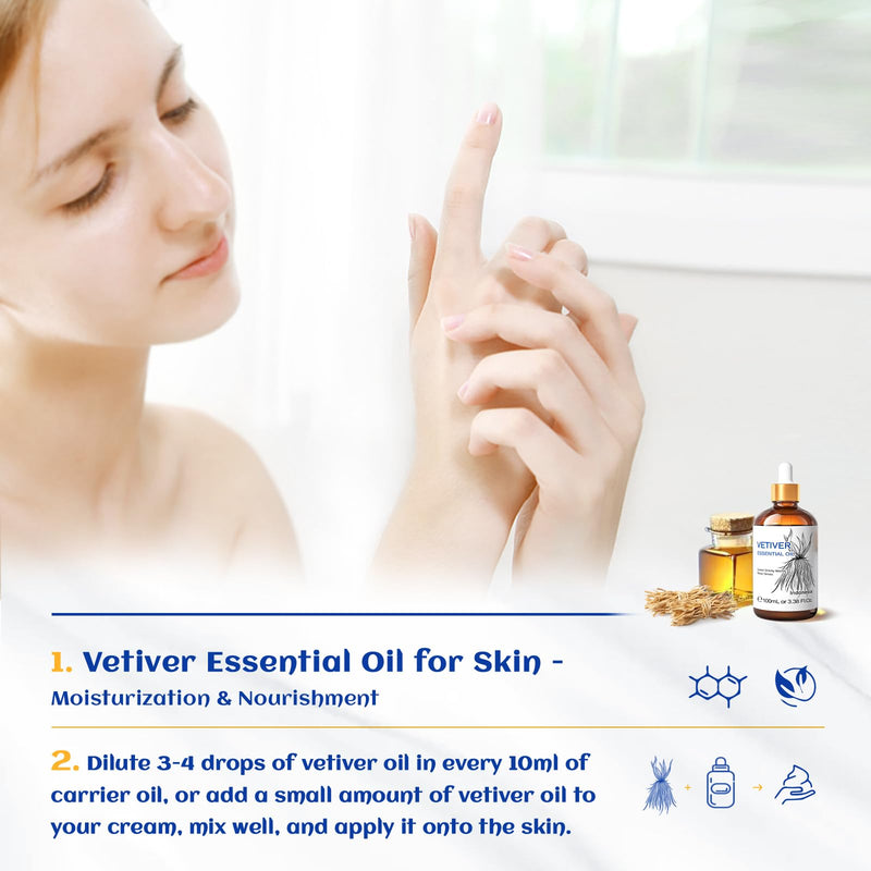 HIQILI Vetiver Essential Oil 100ml – 100% Pure, Natural, Calm & Diffuser (3.38 Fl Oz)