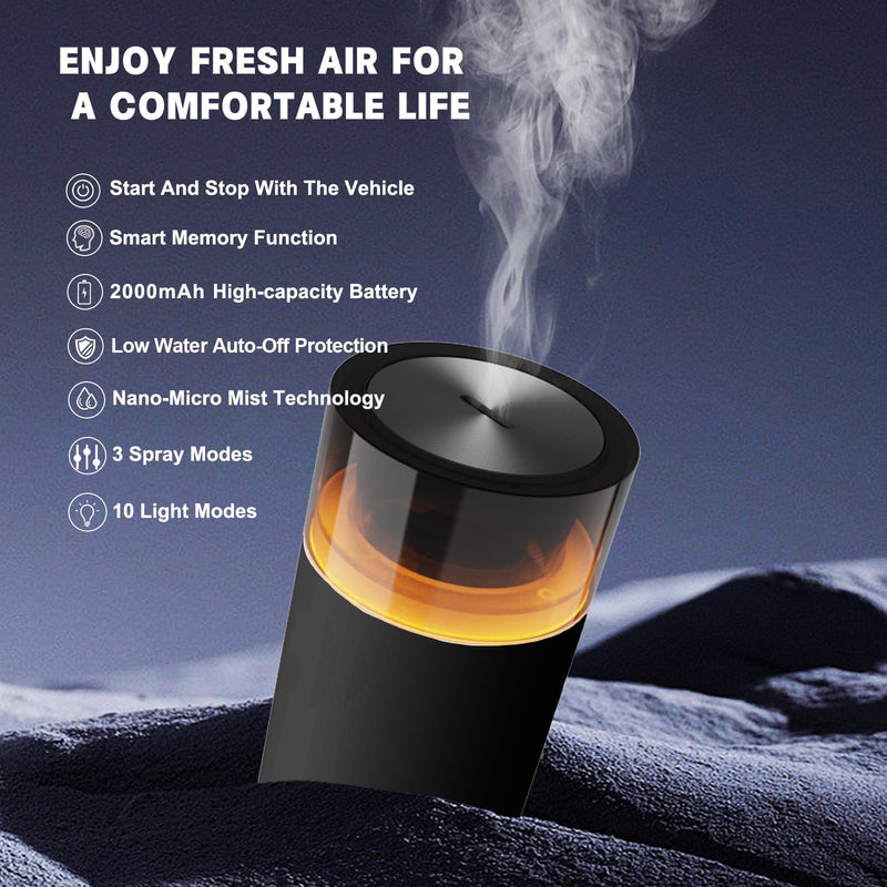 HODEMI Car Diffuser – Auto Start-Stop, Portable Humidifier with 8-Color Ambient Light (Black)