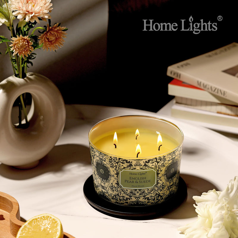 HomeLights 18oz Soy Wax Candle – 4-Wick English Pear & Suede Aromatherapy Gift