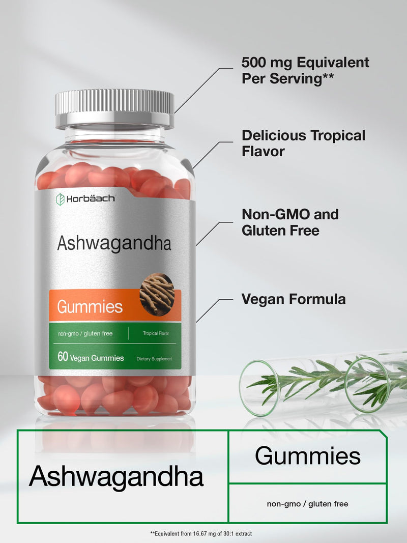 Horbäach Ashwagandha Gummies for Women and Men | 60 Count | Vegan, Non-GMO, Gluten Free Supplement | Tropical Flavor