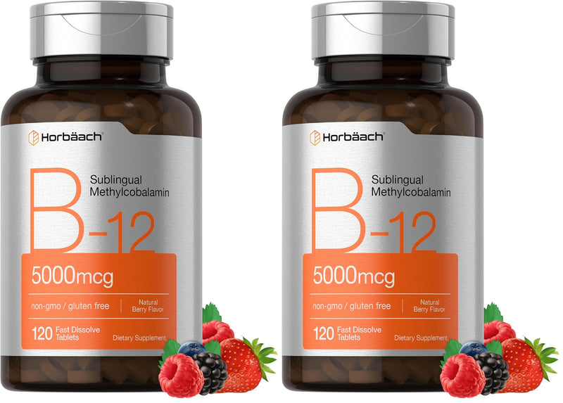 Horbäach B12 5000 mcg – Sublingual Tablets, 120 Count, Vegetarian, Non-GMO, Gluten Free (Pack of 2)