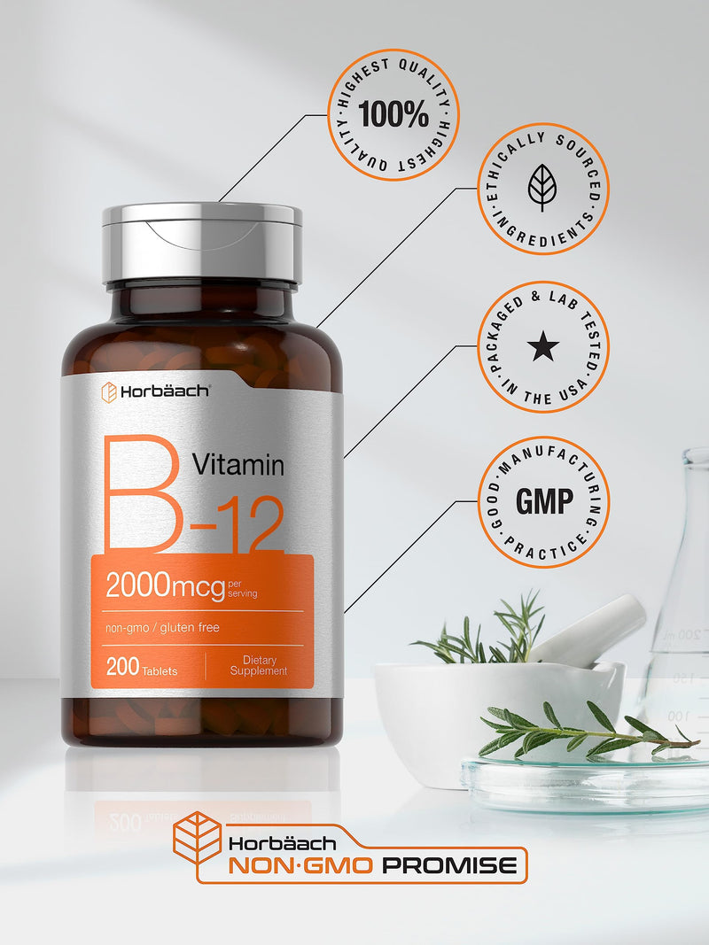 Horbäach B12 Vitamin 2000 mcg – 200 Tablets | Vegetarian, Non-GMO, Gluten Free