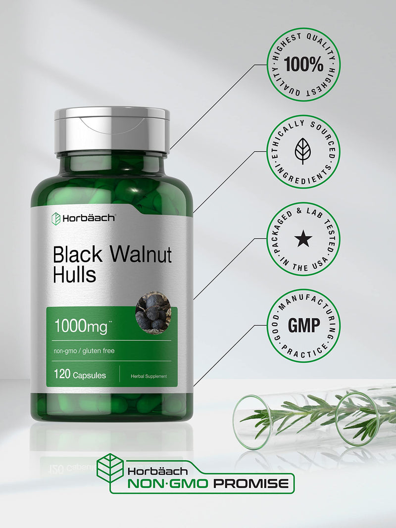Horbaach Black Walnut Hulls Capsules | 1000 mg | 120 Count | Herbal Supplement | Non-GMO & Gluten Free