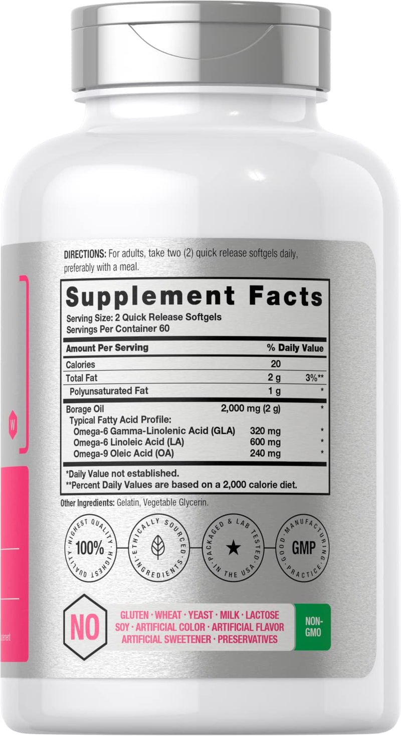 Horbäach Borage Oil Capsules 2000 mg | 120 Softgels | 320 mg GLA | Cold Pressed Seed Oil Supplement
