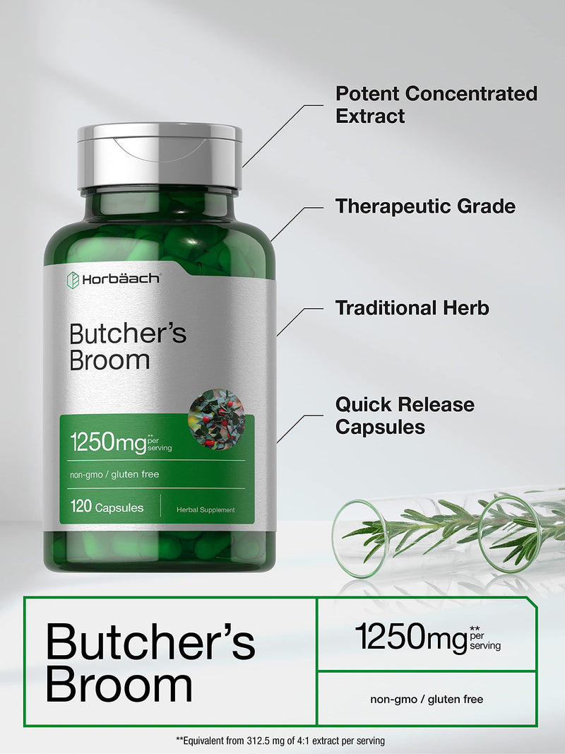 Horbaach Butchers Broom Capsules 1250mg | 120 Count – Non-GMO, Gluten Free