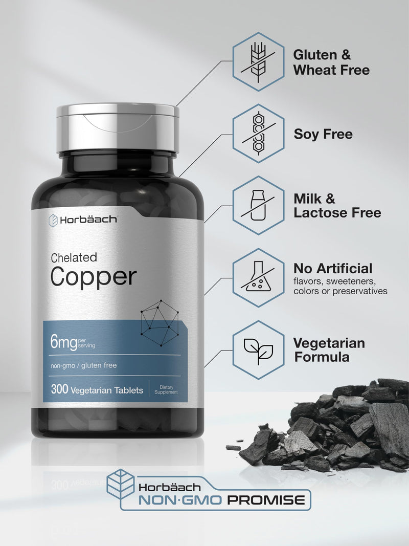 Horbäach Chelated Copper 6mg – 300 Tablets | Essential Trace Mineral | Vegetarian, Non-GMO, Gluten Free