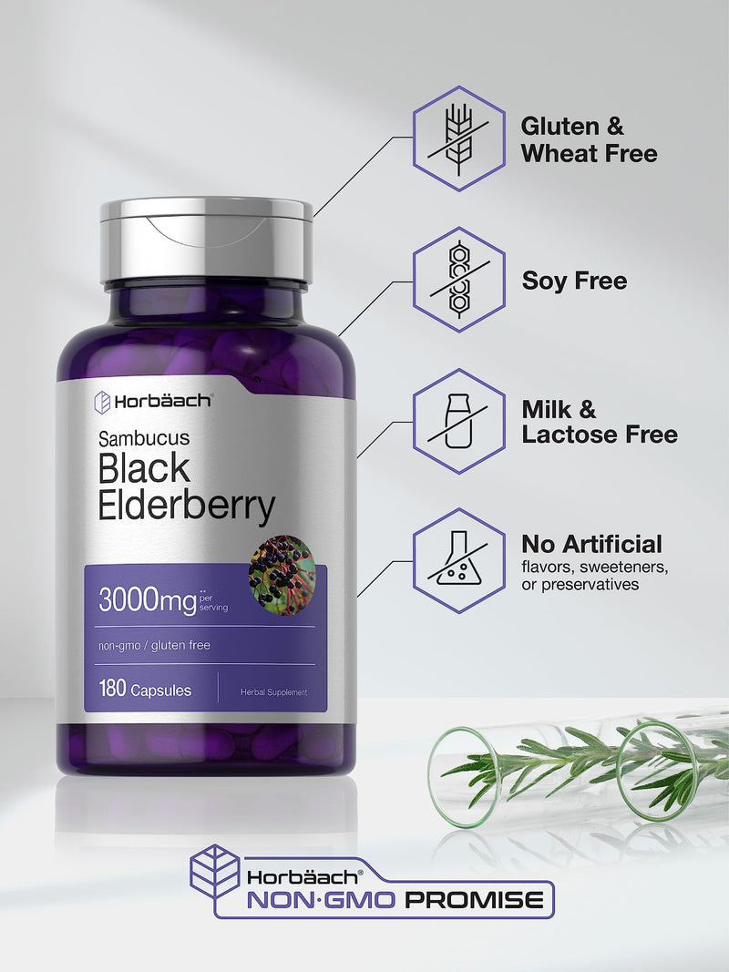 Horbäach Black Elderberry 3000mg Capsules – 180 Count | Non-GMO & Gluten Free