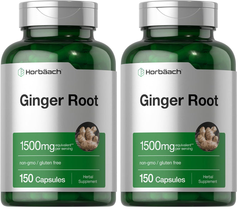 Horbäach Ginger Root Capsules 1500 mg | 150 Pills | Non-GMO, Gluten Free | Ginger Root Extract (Pack of 2)