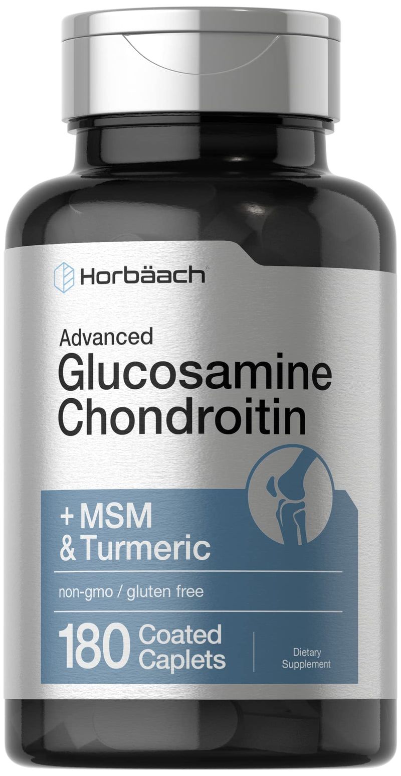Horbäach Glucosamine Chondroitin + MSM & Turmeric | 180 Coated Caplets | Non-GMO Gluten Free