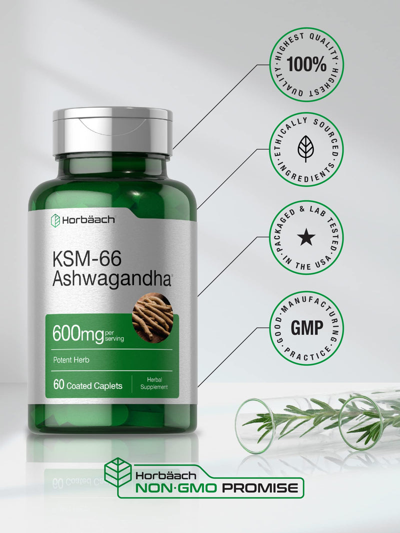 Horbäach KSM-66 Ashwagandha 600mg with L-Theanine | 60 Caplets, Vegan