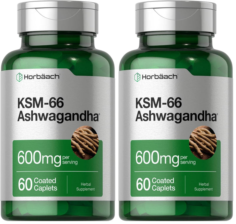 Horbäach KSM-66 Ashwagandha Caplets – 600mg | 60 Pills | L-Theanine | For Women & Men | Vegan, Non-GMO, Gluten Free | Pack of 2