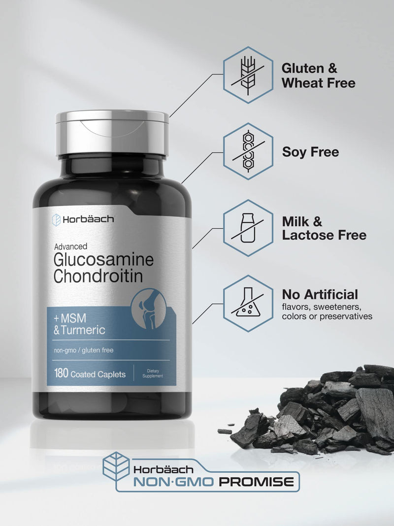 Horbäach Glucosamine Chondroitin + MSM & Turmeric | 180 Coated Caplets | Non-GMO Gluten Free