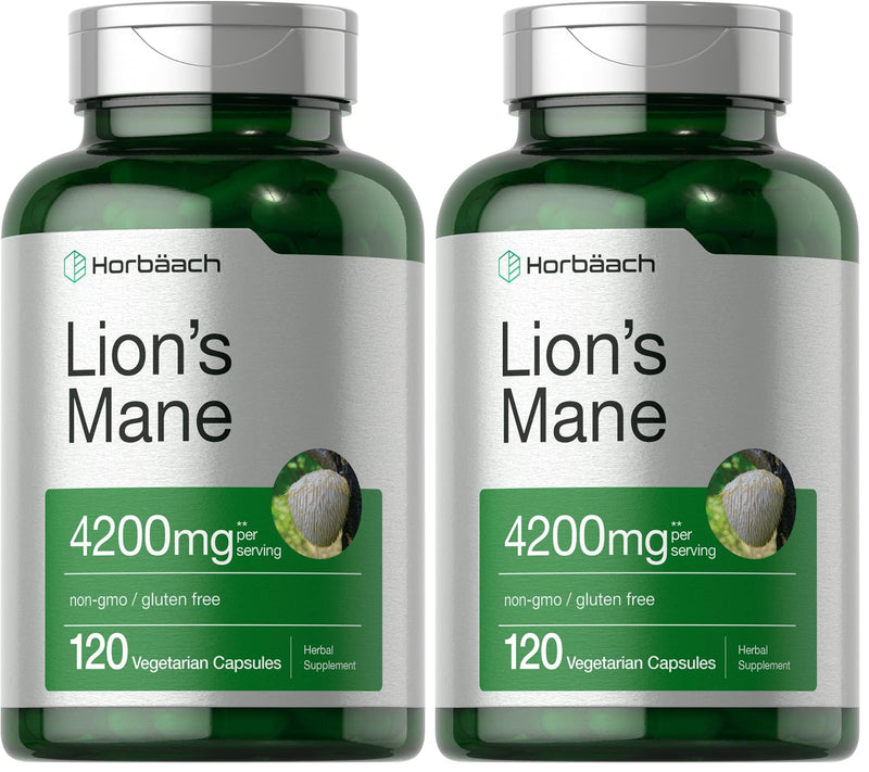 Horbäach Lions Mane Mushroom Extract 4200mg | 120 Veg Capsules | Pack of 2