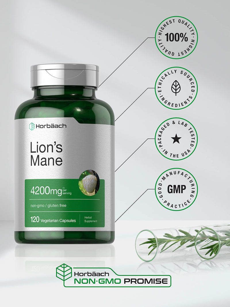 Horbäach Lion's Mane Mushroom Extract 4200mg | 120 Veg Capsules | Non-GMO, Gluten Free