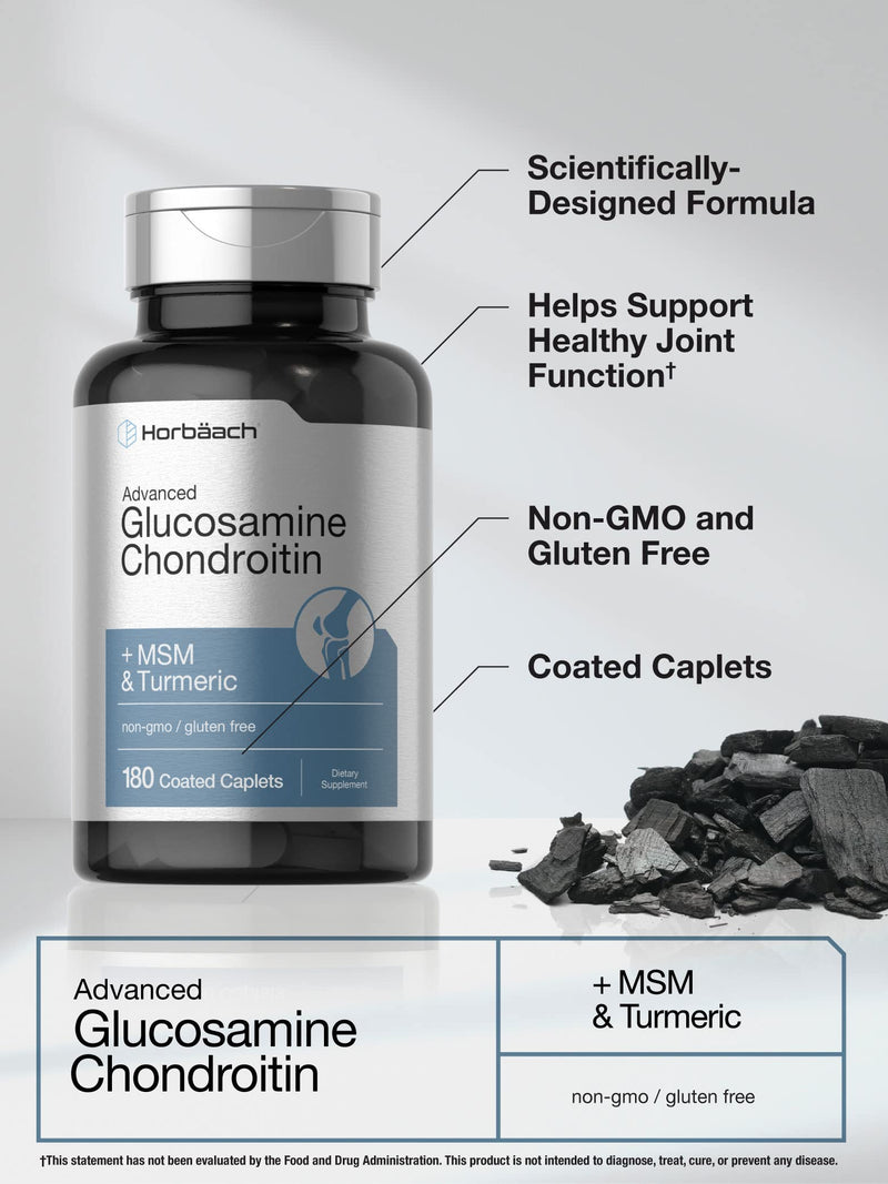 Horbäach Glucosamine Chondroitin + MSM & Turmeric | 180 Coated Caplets | Non-GMO Gluten Free