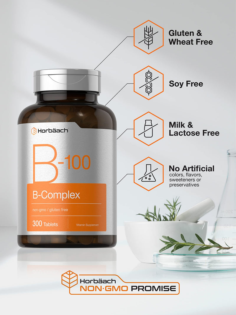 Horbäach Vitamin B-100 Complex | 100% Daily Value | 300 Tablets | Vegetarian, Non-GMO, Gluten Free