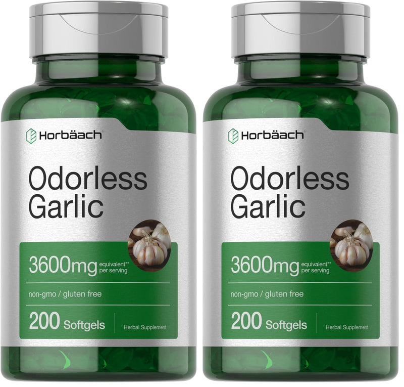 Horbäach Odorless Garlic Softgels 3600 mg | 200 Count | Non-GMO & Gluten Free (Pack of 2)