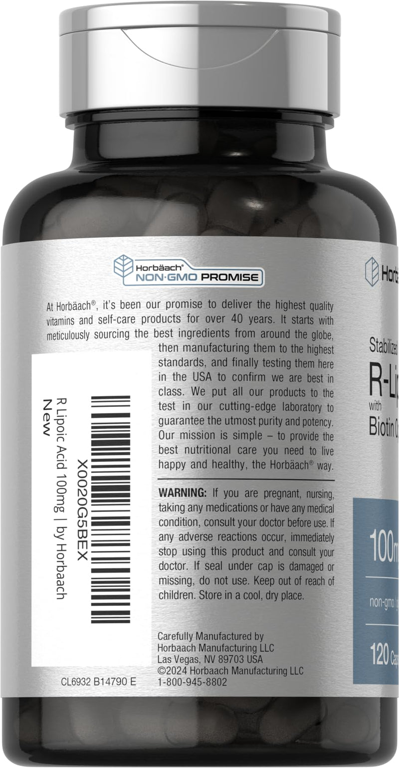 Horbaach R-Lipoic Acid 100 mg | 120 Capsules | with Biotin Optimizer | Non-GMO, Gluten Free | Stabilized R-Lipoic Acid Supplement