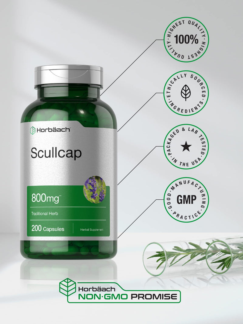 Horbäach Scullcap Capsules 800 mg | 200 Count | Non-GMO & Gluten Free | Scutellaria Baicalensis