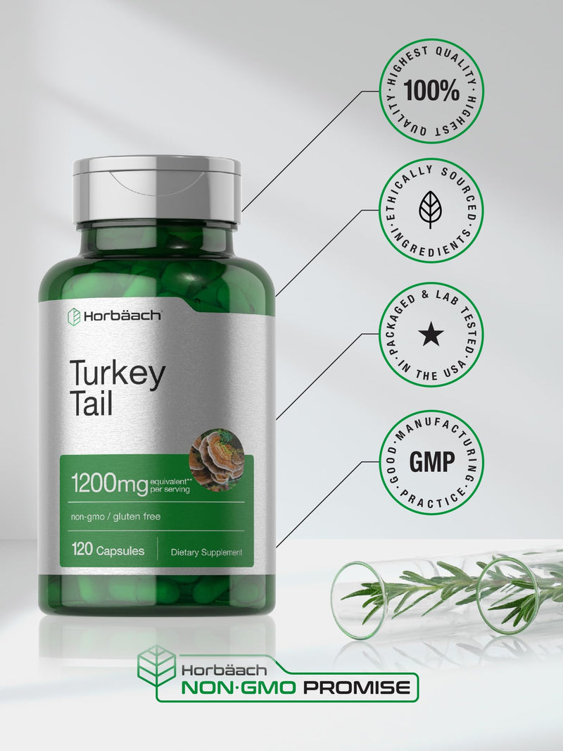 Horbäach Turkey Tail Mushroom Capsules - 1200mg, 120 Count | Non-GMO, Gluten Free