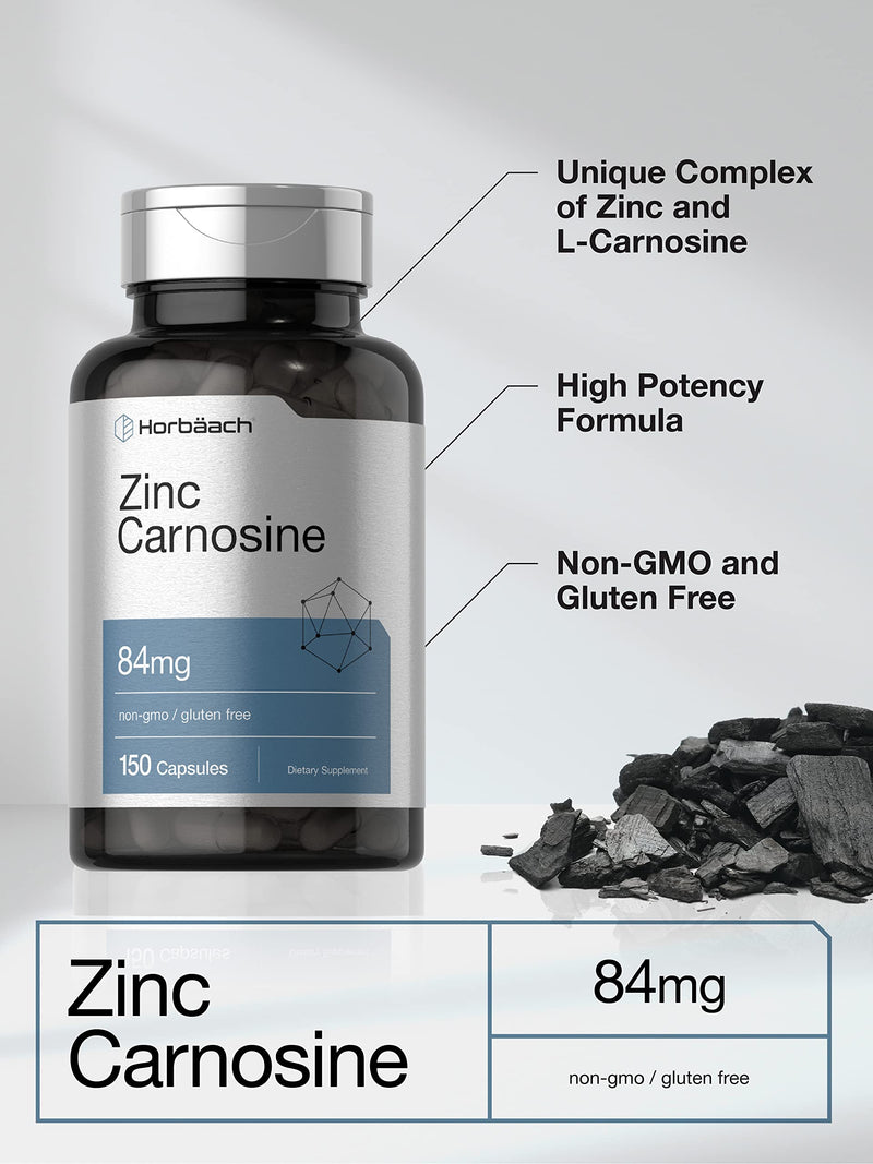 Horbäach Zinc Carnosine Supplement | 84 mg per Capsule | 150 Count | Non-GMO & Gluten Free