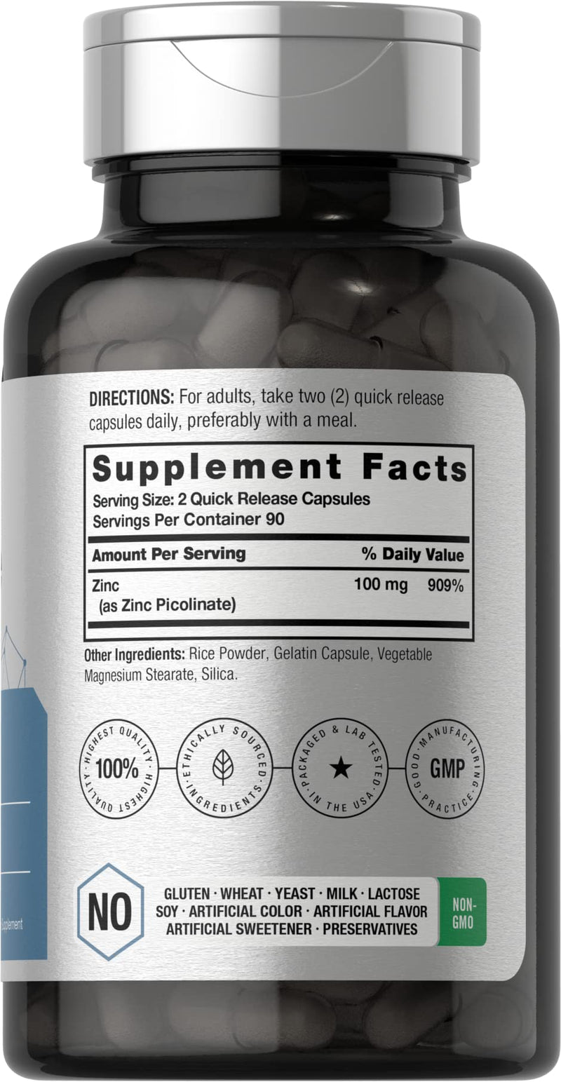 Horbäach Zinc Picolinate 100mg – 180 Capsules – High Potency, Non-GMO, Gluten Free