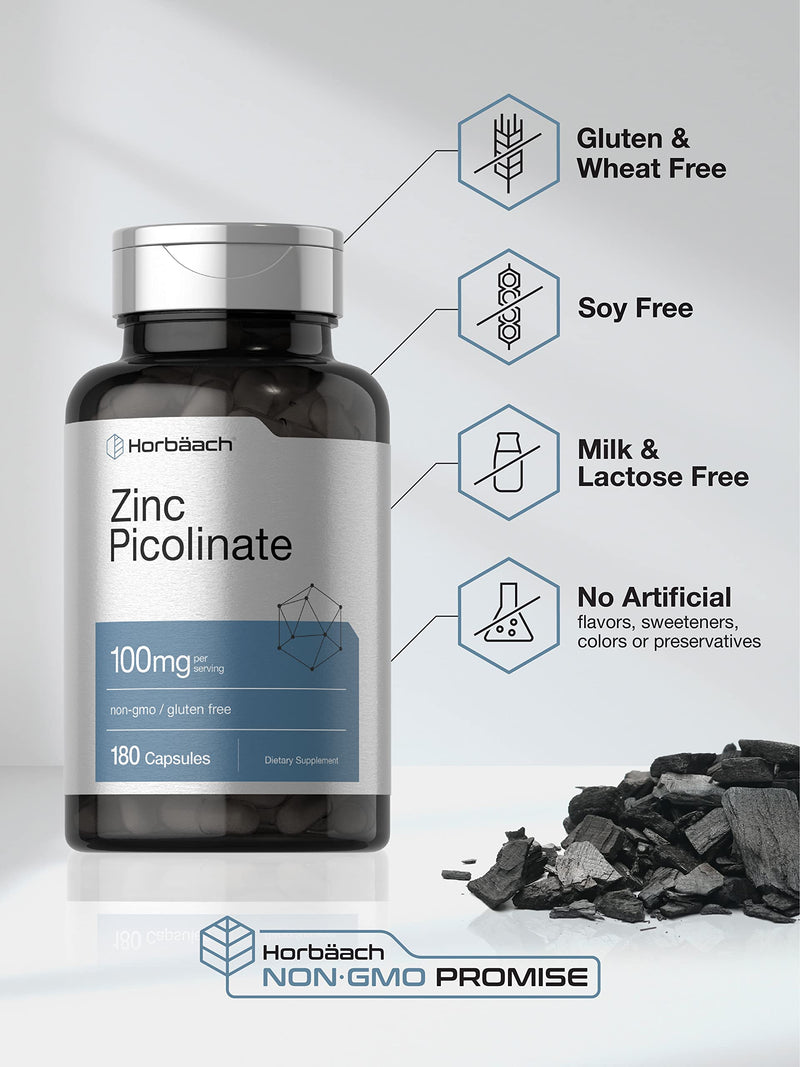 Horbäach Zinc Picolinate 100mg – 180 Capsules – High Potency, Non-GMO, Gluten Free