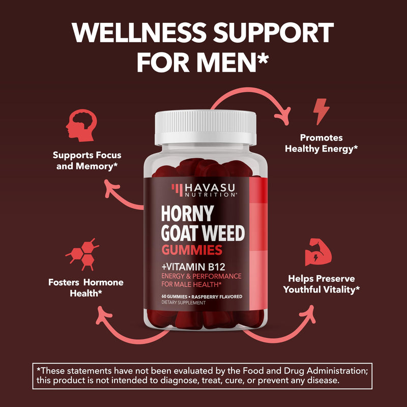 Horny Goat Weed Gummies with Vitamin B12 - Energy, Endurance & Performance Support for Male Health - 60 Count - Vegetarian-Friendly, Non-GMO, Pectin-Based - Raspberry Flavor, 1 Month Supply