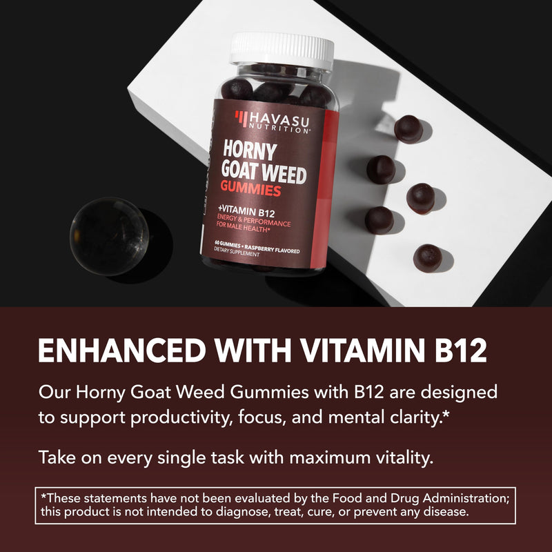 Horny Goat Weed Gummies with Vitamin B12 - Energy, Endurance & Performance Support for Male Health - 60 Count - Vegetarian-Friendly, Non-GMO, Pectin-Based - Raspberry Flavor, 1 Month Supply
