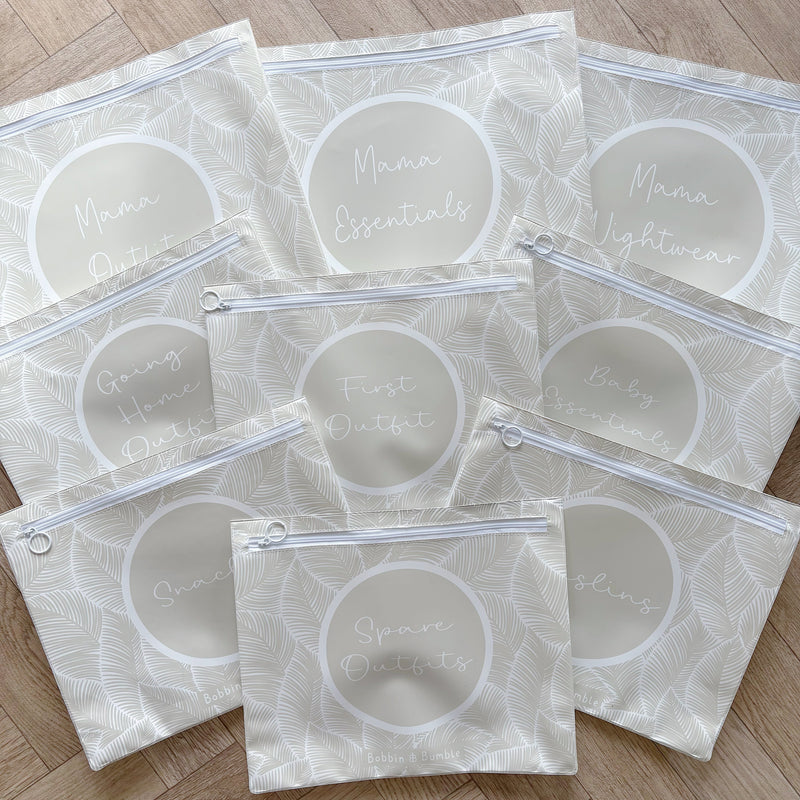 Hospital Bag Organiser Pouches - Unisex Beige Leaf Print