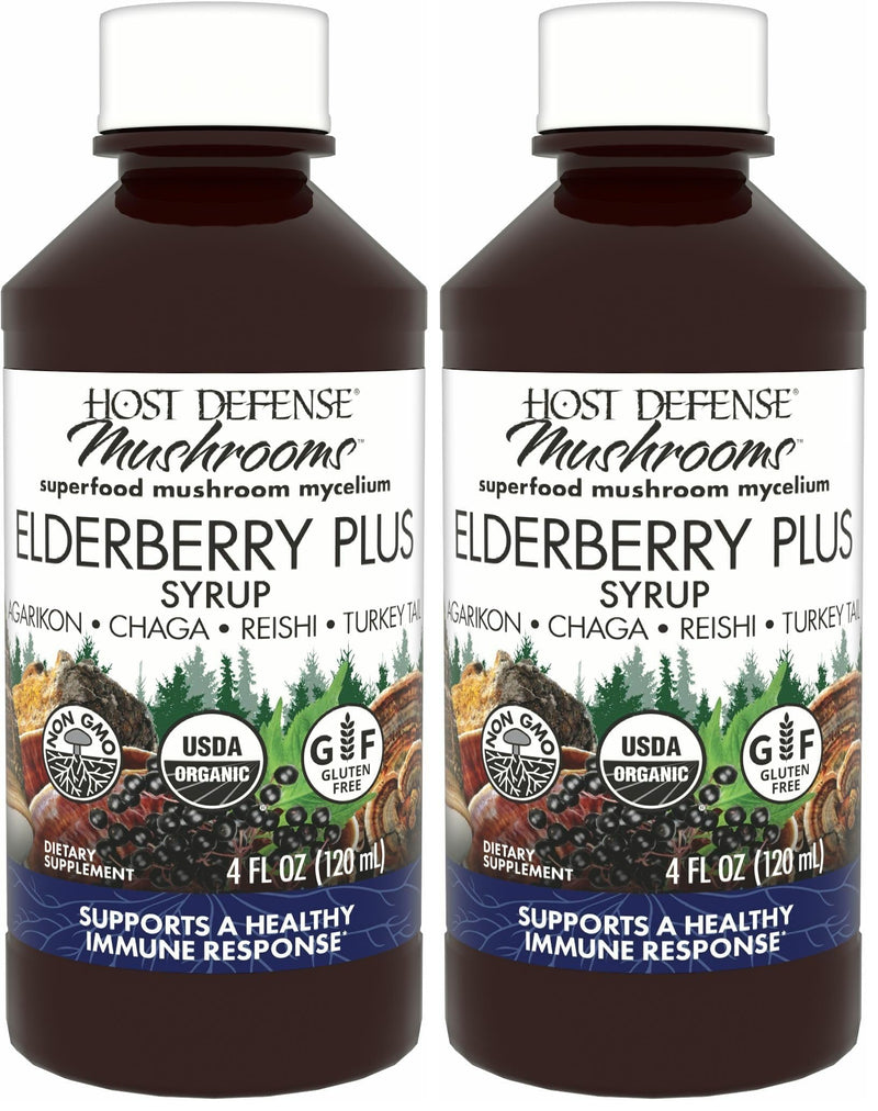 Host Defense Elderberry Plus Syrup - Immune & Respiratory Support Mushroom Supplement with Turkey Tail, Reishi, Agarikon & Chaga | 4 fl oz (12 Servings) Pack of 2